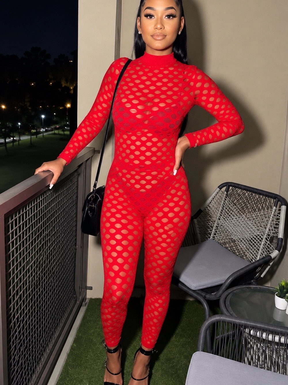 Red Cutout Mesh Jumpsuit - Women